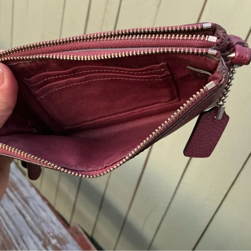 Coach Pebble Maroon Leather Zip Top Cherry Red Wristlet